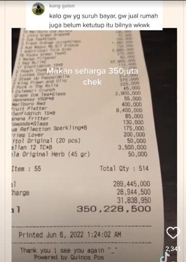 Bikin Syok, Orang Ini Pamer Tagihan Makan di Resto Sampai Rp350 Juta! (Dok: Instagram/@mochukenzo)