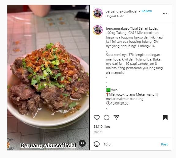 Mie Kocok Tulang Mekar Wangi (Instagram @beruangrakusofficial)