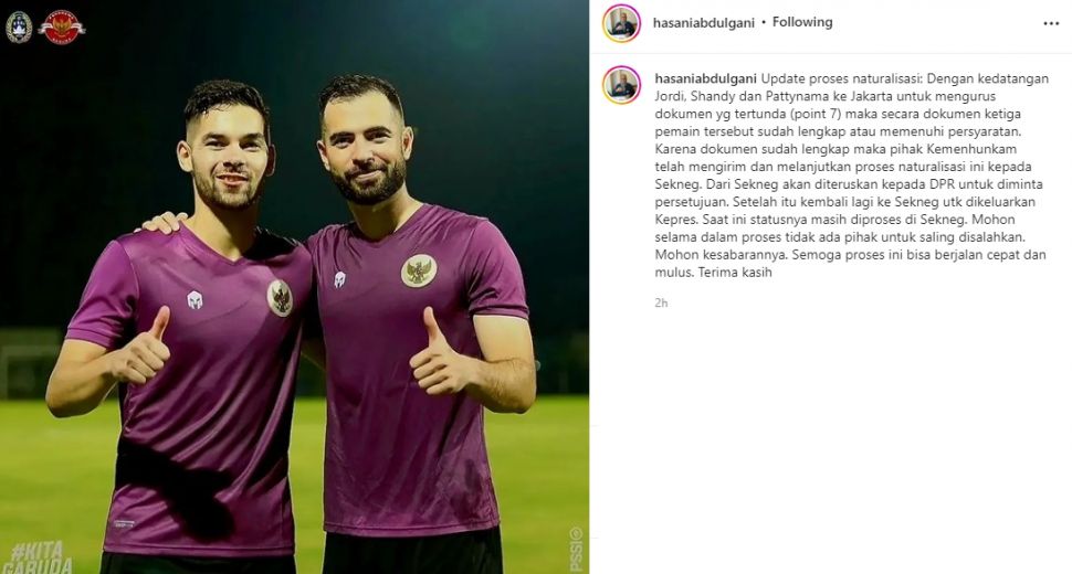 Hasani Abdulgani jelaskan proses naturalisasi pemain keturunan. (Instagram/hasaniabdulgani)