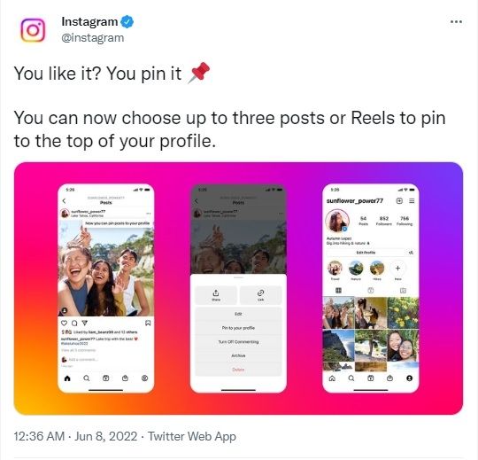 Fitur baru Instagram, menyematkan postingan dan reels di profil. [Twitter]