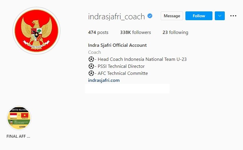 Indra Sjafri cantumkan tulisan pelatih timnas Indonesia U-23 di bio Instagram. (Instagram/indrasjafri_coach)