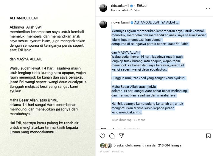 Ridwan Kamil menjelaskan kondisi jasad Eril saat ditemukan. 