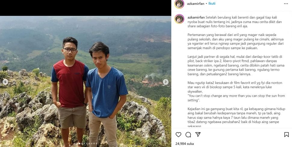 Seorang sahabat kental Eril yang bernama Azka mengunggah ceritanya bersama Eril. Dia juga mengunggah foto-foto kebersamaan mereka di Instagram. [Instagram]