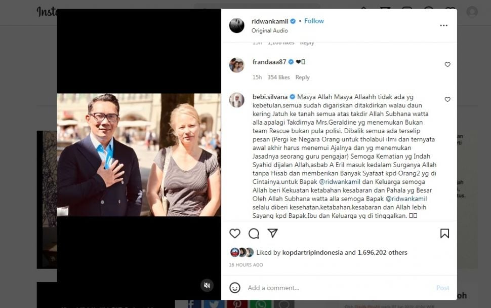 Bebi Silvana mengomentari penemuan jasad Eril oleh Geraldine Beldi [Instagram]