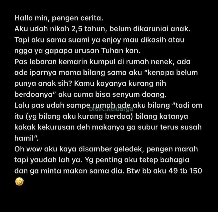 Kena komentar pedas sanak saudara gara-gara belum hamil setelah 2,5 tahun menikah (Twitter/ @bisik_keluarga)