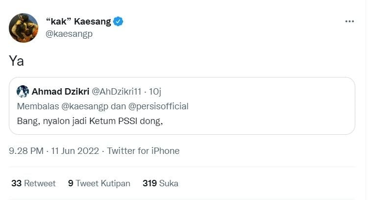 Cuitan Kaesang Pangarep menanggapi usulan warganet menjadi ketua PSSI. 