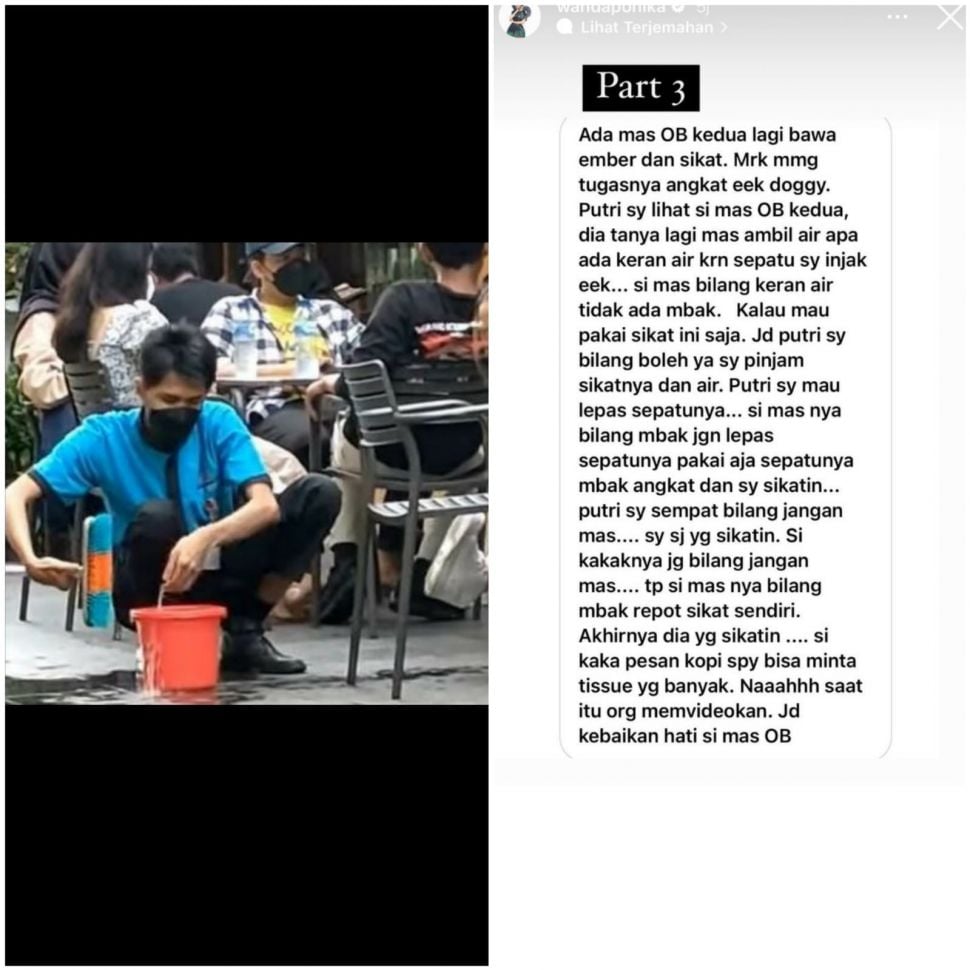 Klarifikasi pihak pengunjung dari video viral petugas kebersihan bersihkan sepatu dengan berjongkok (Instagram/@wandaponika)