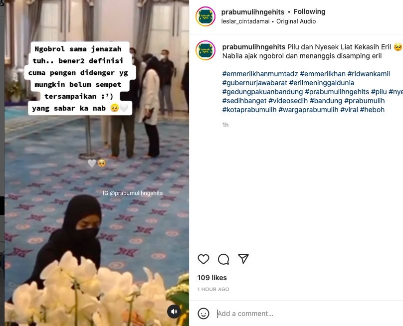 Nabila Ishma Nurhabibah menangis dan berbicara di depan peti jenazah Eril [instagram]