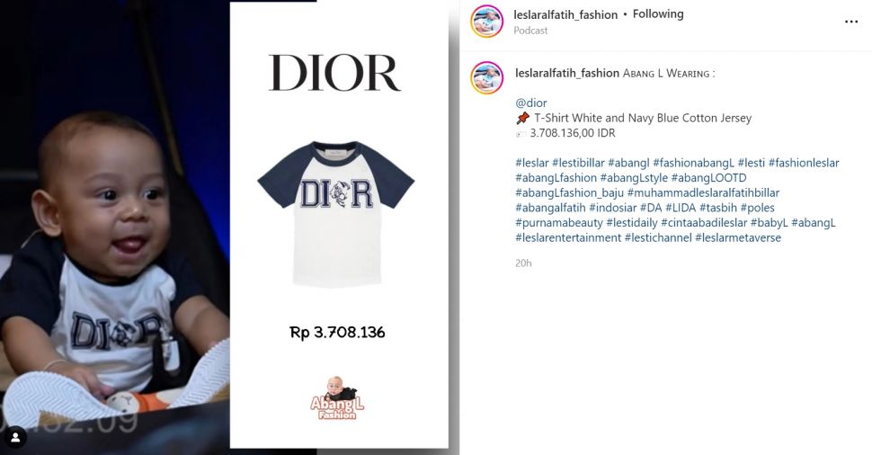 Baby L mengenakan sebuah kaos keluaran brand Dior seharga Rp3 juta (Instagram/leslaralfatih_fashion)