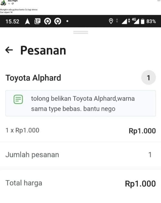 Seorang customer memesan mobil Toyota Alphard ke driver ojol. [Instagram]