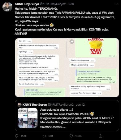 Cuitan Roy Suryo Ngaku Dihubungi Rara Pawang Hujan. (Twitter/@KRMTRoySuryo2)