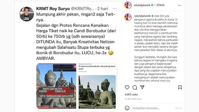 Niluh Djelantik unggah ulang sekaligus kritik cuitan Roy Suryo soal foto editan stupa Candi Borobudur mirip Jokowi. (Instagram/@niluhdjelantik)