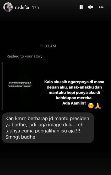 Instagram story Nadya Arifta saat memberikan komentar berkelas usai dibully netizen karena gagal jadi anak mantu Presiden Jokowi atau putus dari Kaesang Pangarep. [Instagram]