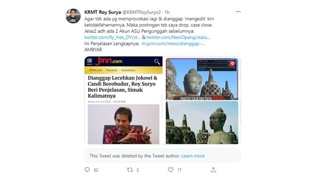 Roy Suryo hapus dan klarifikasi soal postingan stupa Candi Borobudur diedit mirip Jokowi. (Twitter/@KRMTRoySuryo2)