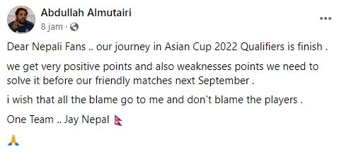 Pelatih Nepal sebut dirinya yang harus disalahkan usai kekalahan telak dari timnas Indonesia di Kualifikasi Piala Asia 2023. (Facebook/Abdullah Almutairi)