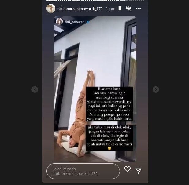 Nikita Mirzani mengabarkan kalau kondisinya baik-baik saja. [Instagram]