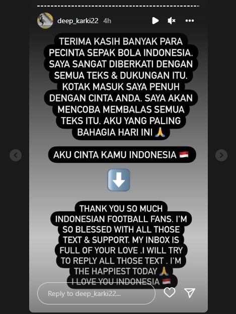 Kiper Nepal, Deep Karki ucapkan terima kasih kepada netizen Indonesia atas dukungannya. (Instagram/deep_karki22)