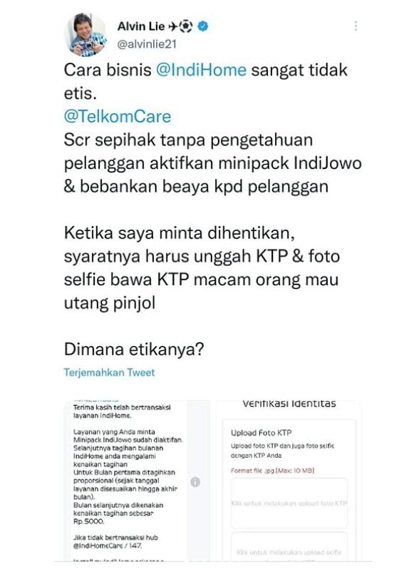 Mantan komisioner Ombudsman RI Alvin Lie mengkritik perusahaan pelayanan internet dan siaran berbayar IndiHome yang dianggapnya tidak etis. [Twitter/@alvinlie]