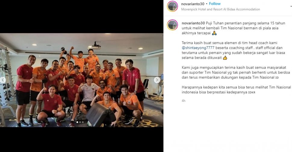 Postingan Nova Arianto usai timnas Indonesia lolos dari Kualifikasi Piala Asia 2023. (Instagram/novarianto30)