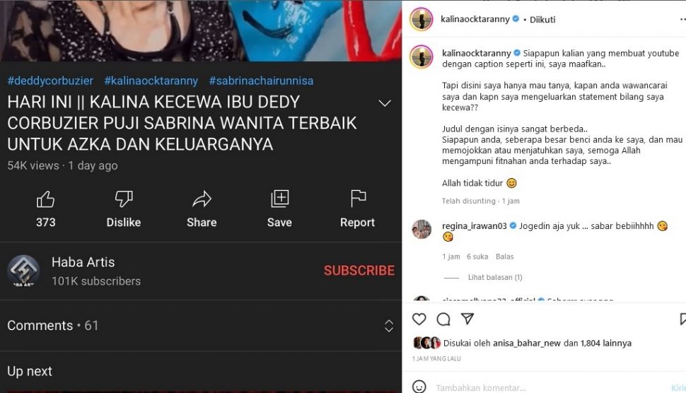 Kalina Oktarani kembali dibuat geram oleh judul salah satu akun YouTube yang memojokkan dirinya. [Instagram]