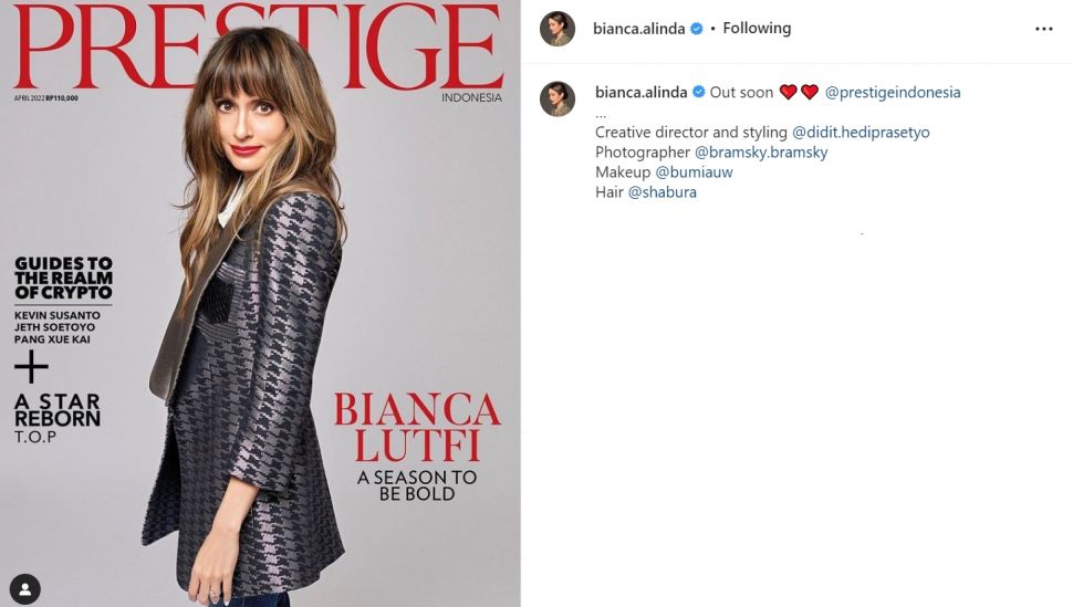 Gaya Bianca Adinegoro, istri Menteri Perdagangan ketika menjadi cover majalah (Instagram/bianca.alinda)
