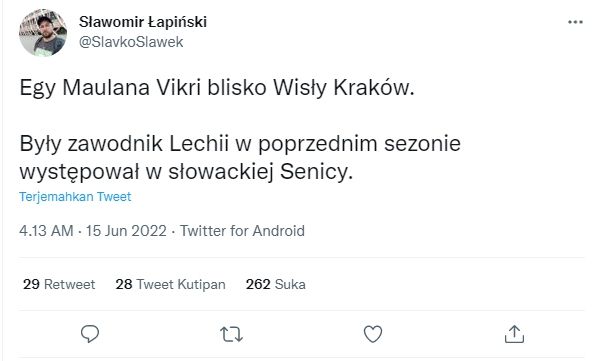 Egy Maulana Vikri diisukan dekat dengan klub Polandia, Wisla Krakow. (Twitter/@SlavkoSlawek)