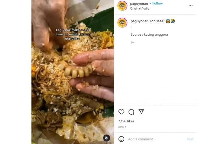 Temukan gigi palsu di nasi rames. (instagram/paguyonan)