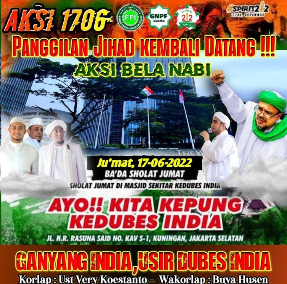 Poster digital berisi ajakan unjuk rasa bertajukg Aksi Bela Nabi di Gedung Kedubes India. (ist)