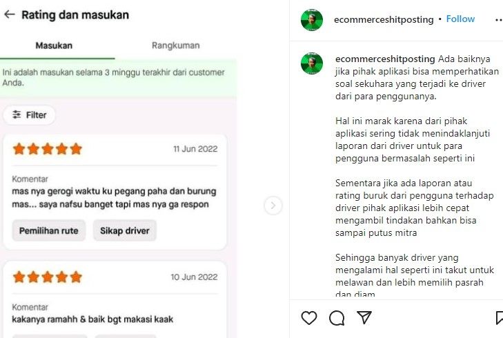 Driver ojol dapat pesan melecehkan (instagram.com/ecommerceshitposting/)