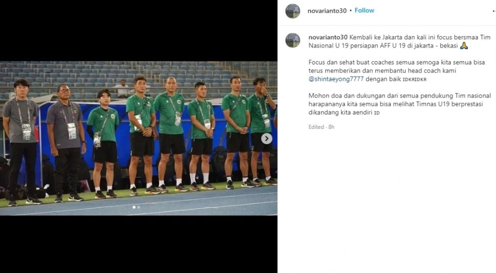 Nova Arianto berharap timnas Indonesia U-19 bisa raih prestasi, karena tampil di depan publik sendiri. (Instagram/novarianto30)