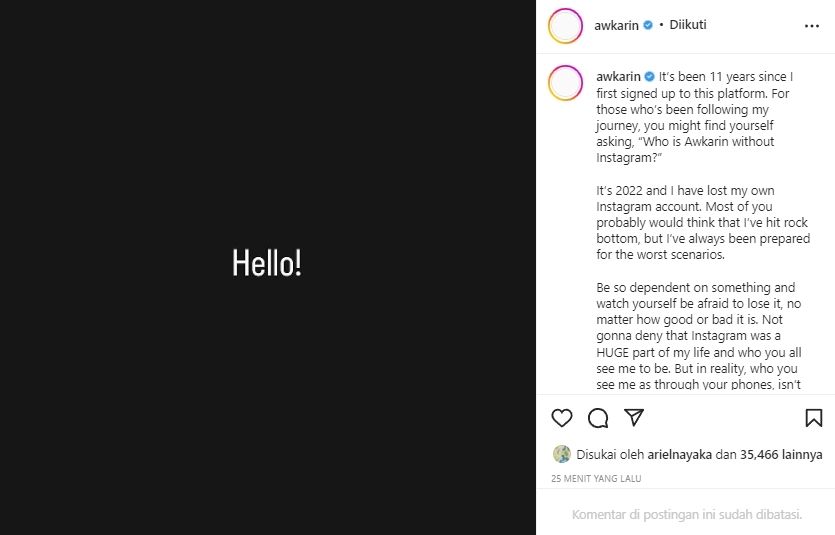 Awkarin pamit dari Instagram lamanya. 