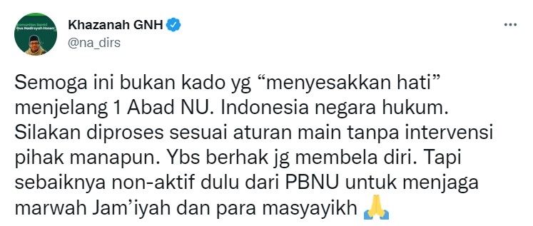 Cuitan Gus Nadir yang singgung Mardani Maming jadi tersangka korupsi. [Twitter]