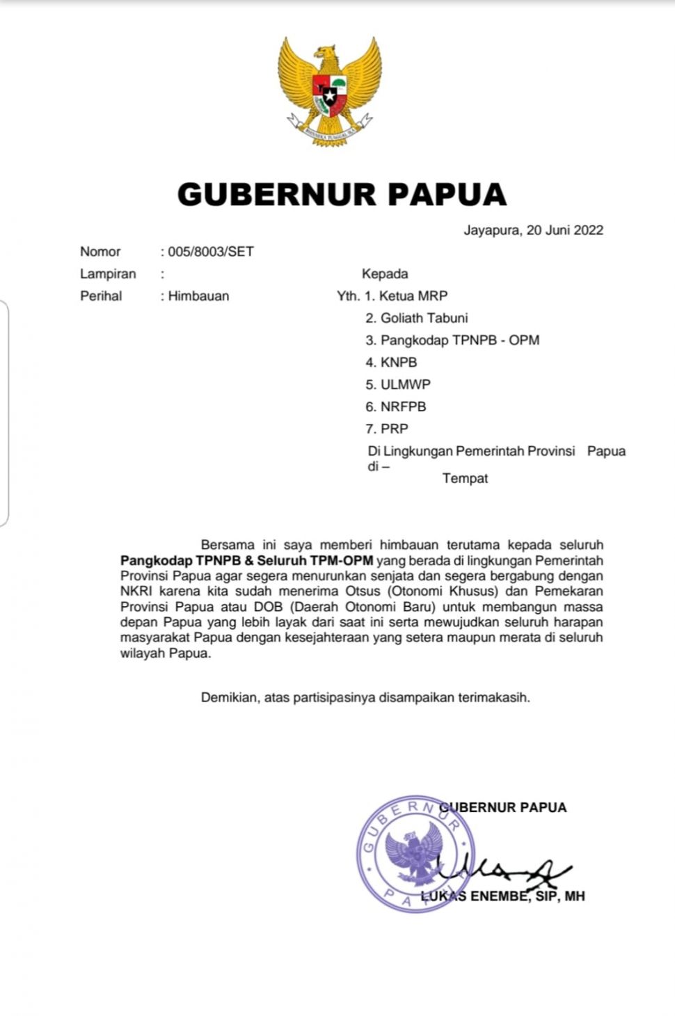 Surat Gubernur Papua Lukas Enembe berisikan imbauan TPNPB-OPM untuk turunkan senjata. (Dok. Istimewa).