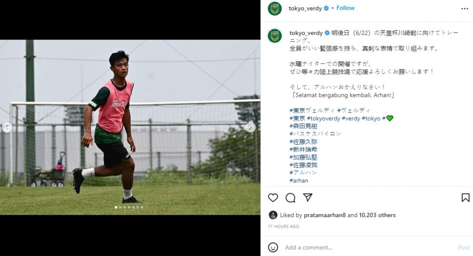 Pratama Arhan latihan bersama Tokyo Verdy. (Instagram/tokyo_verdy)