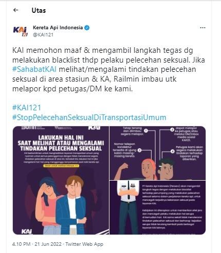 PT KAI meminta maaf atas kejadian pelecehan seksual di kereta (Twitter @KAI121)