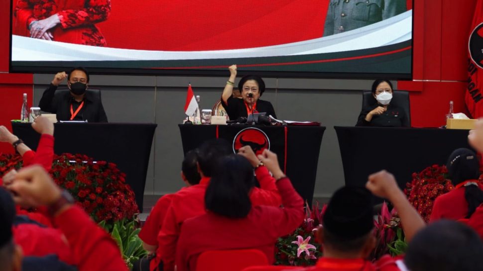 Ketua Umum PDI Perjuangan Megawati Soekarnoputri saat berpidato dalam penutupan Rapat Kerja Nasional (Rakernas) kedua PDIP di Sekolah Partai PDIP, Jakarta, Kamis (23/6/2022). (Tim media PDIP).