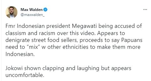 Cuitan Max Walden, jurnalis ABC News soal lelucon Megawati dan sikap Jokowi yang tertawa. (Twitter/maxwalden_)