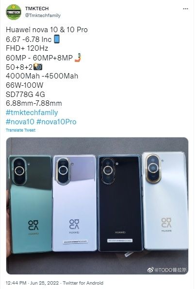 Bocoran Huawei Nova 10 dan Nova 10 Pro. [Twitter]