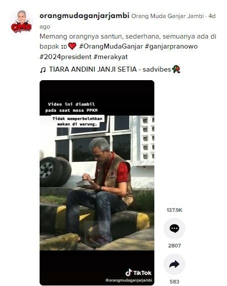 Ganjar Pranowo saat makan di parkiran mobil. (tiktok/orangmudaganjarjambi)