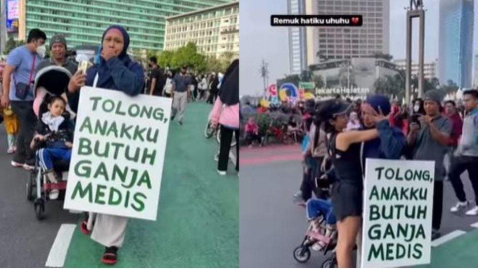 Ibu ini bentangkan poster tulisan minta ganja medis dilegalkan. (Instagram/ viralyes)