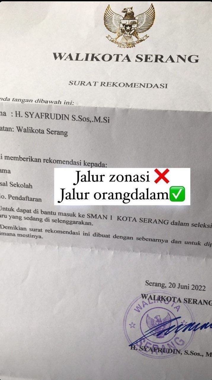 Surat rekomendasi Wali Kota Serang. [IST]