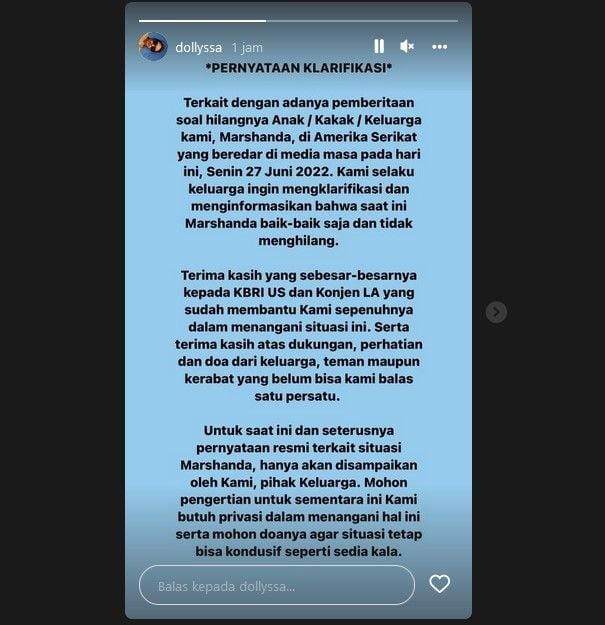Pernyataan resmi keluarga mengenai kabar hilangnya Marshanda. [Instagram]