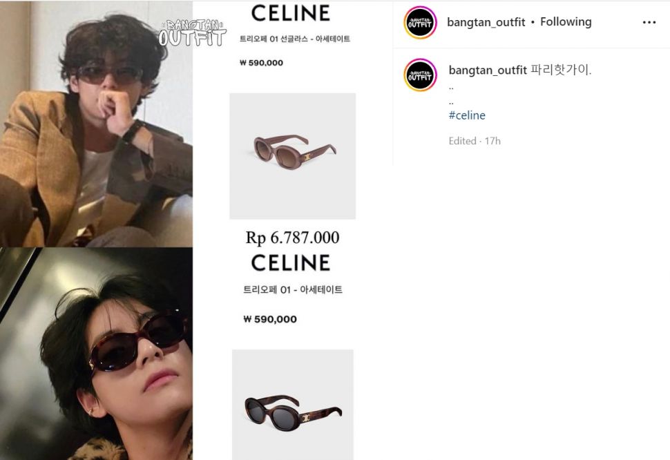 V BTS kenakan dua kacamata dari Celine, buat warganet jadi ramai-ramai mencari versi KW (Instagram/bangtan_outfit)