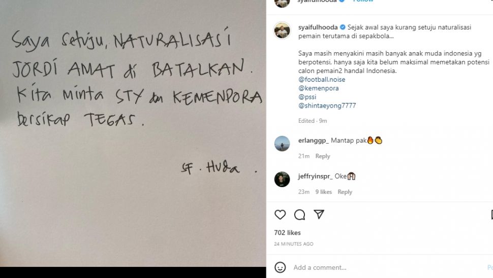 Ketua Komisi X DPR minta naturalisasi Jordi Amat dibatalkan. (Instagram/syaifulhooda)