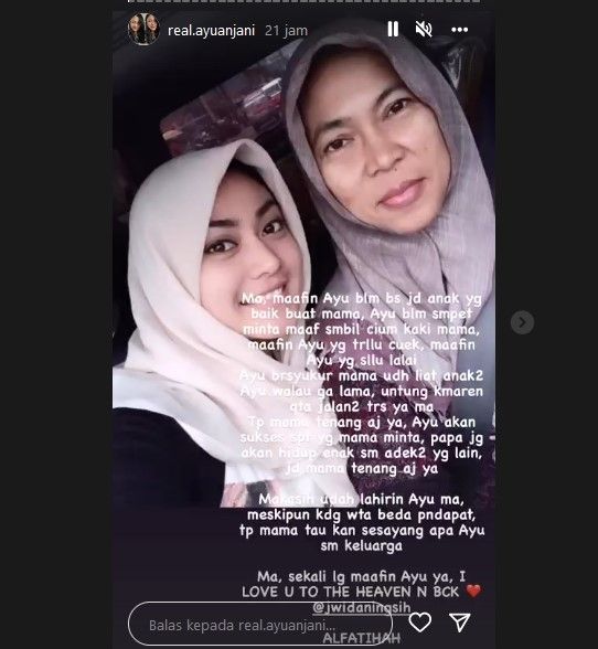 Ayu Anjani menulis kenangan bersama ibu. [Instagram]