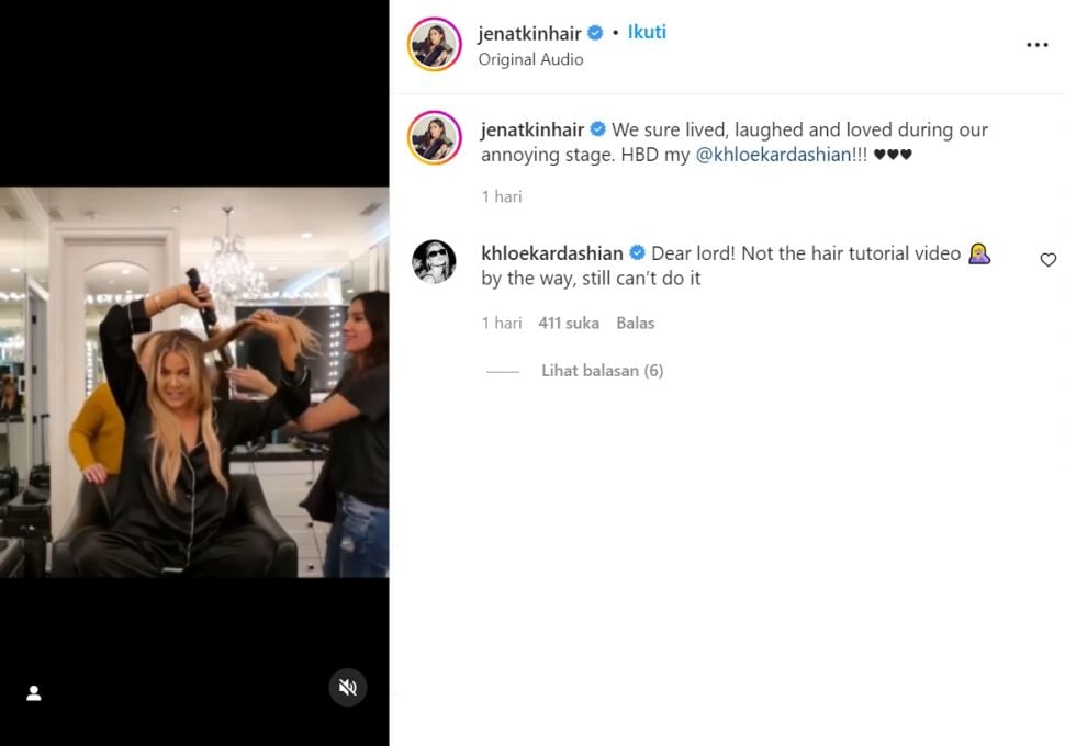 Khloe Kardashian buat gurauan tentang cara dia mencatok rambutnya, menyamakan dengan cara Kendall Jenner memotong mentimun (Instagram/jenatkinhair)