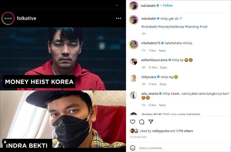 Indra Bekti mirip pemeran Money Heist Korea. (Instagram/@indrabekti)