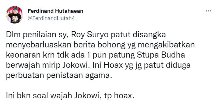 Ferdinand Hutahaean menyoroti kasus Roy Suryo. [Twitter]