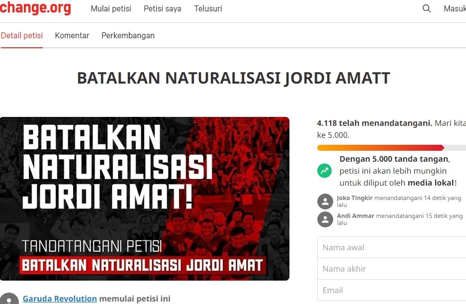 Muncul petisi untuk batalkan naturalisasi Jordi Amat. (change.org)