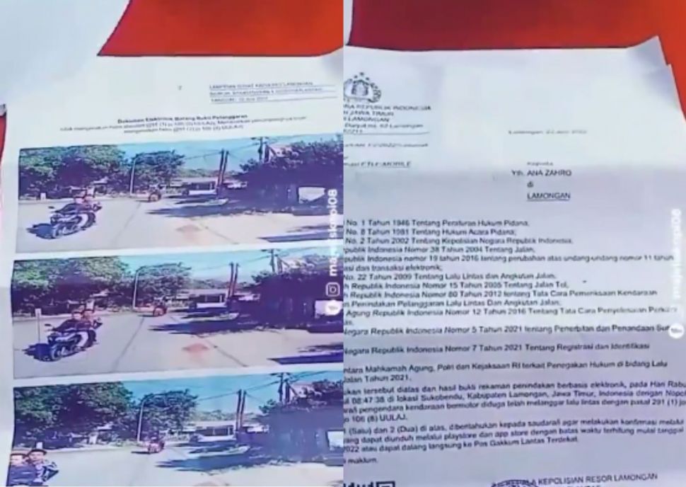 Surat tilang yang ditunjukkan ibu di Lamongan usai kena tilang elektronik. (Instagram/majeliskopi08)